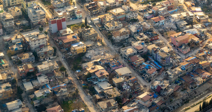 Aerial view of the Hatay Province in Turkey showing destructed buildings