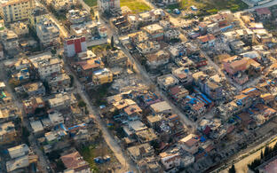 Aerial view of the Hatay Province in Turkey showing destructed buildings